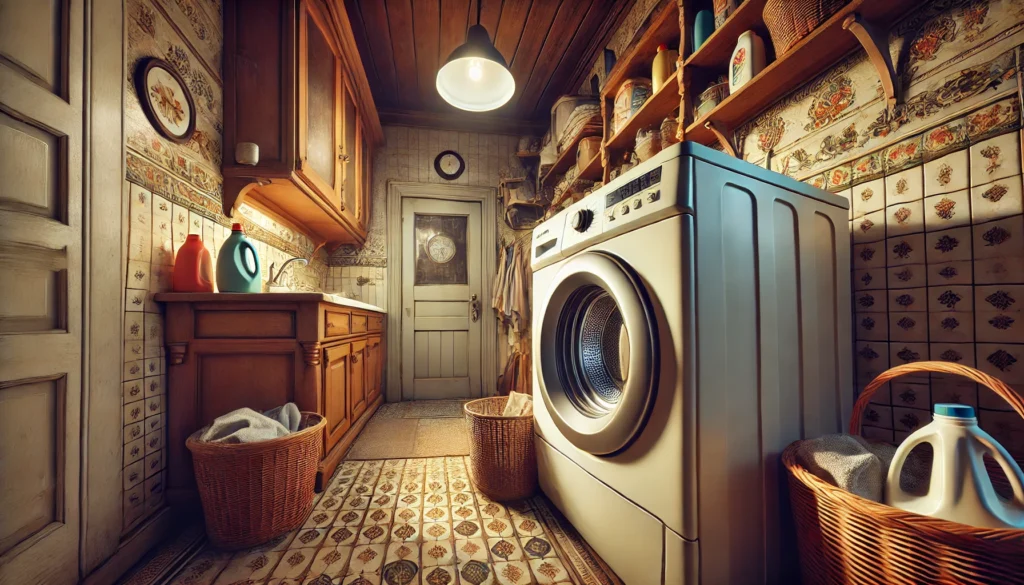 dryer in a laundry room within an older home.