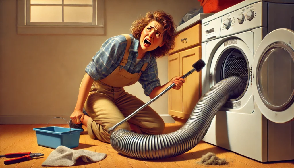 xasperated homeowner a woman in casual clothing attempting to clean her dryer duct