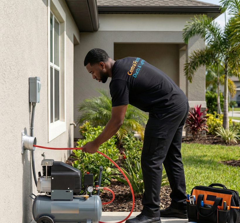 service person cleaning a central florida homes dryer vent e1767713690718